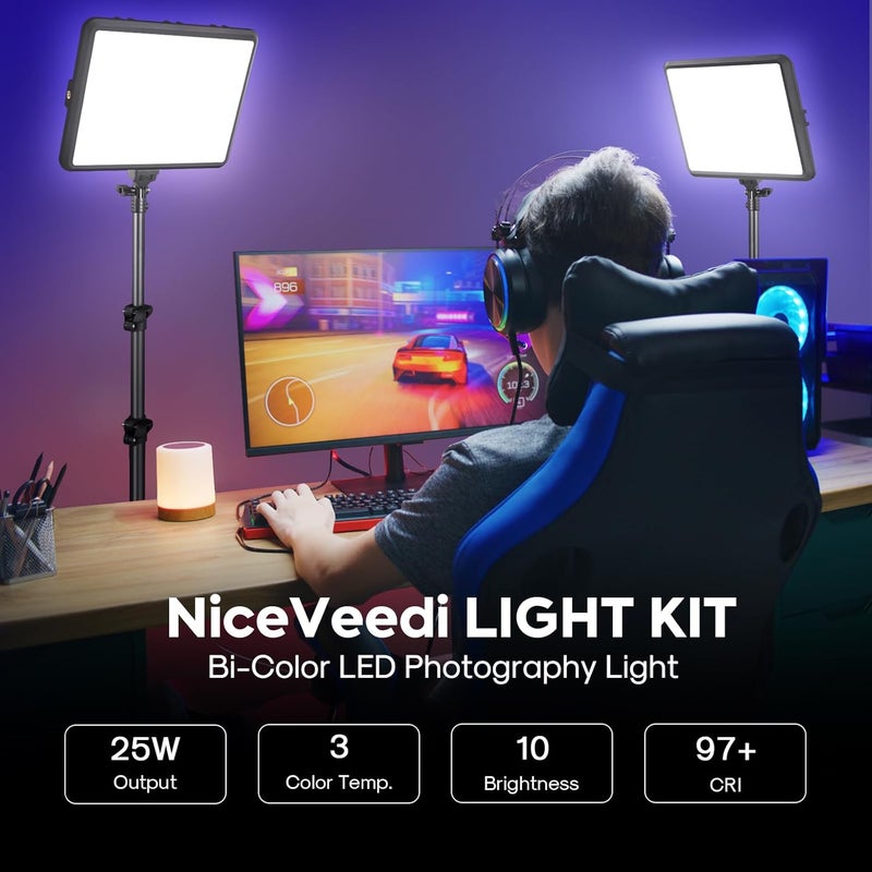 NiceVeedi 2-Pack Photography Lighting Kit, 25W LED Video Light Kit, 2900-7000K Dimmable Studio Light with Tripod Stand, 73" Stream Light for Video Recording - Image 2